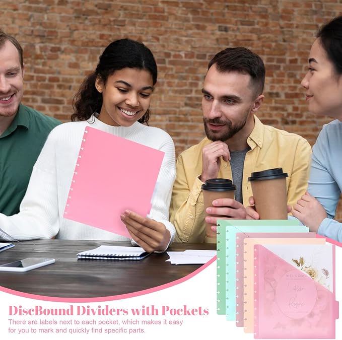 5 Pcs Letter Size Discbound Dividers with Tabs and Pockets - 8.5 x 11 Plastic Dividers for Office