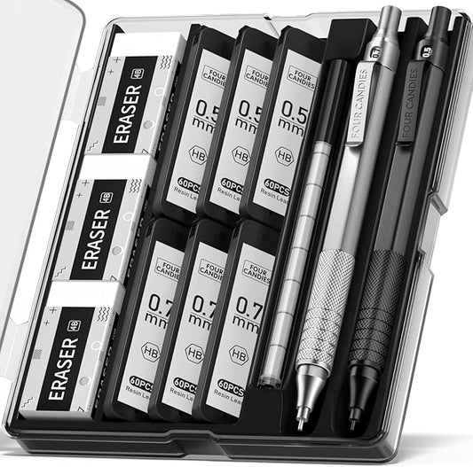Four Candies 2PCS Metal Mechanical Pencils Set with Case, 0.5mm & 0.7 mm Artist Pencil with 6 Tubes (360PCS) HB Lead Refills, 3 Erasers,9 Eraser Refills For Writing Drafting, Drawing, Black&Silver