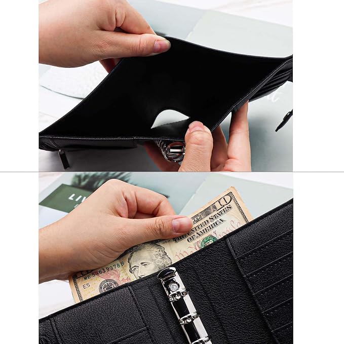 Mogoostry A7 Binder Cover Savings Binder Wallet Leather Binder Folder 6-Ring Refillable Notebook Binder Planner Cover Hardcover Budget Binder Organizer (Black)