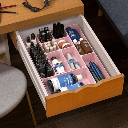 60 Pcs Plastic Drawer Organizer Set,5 Size Small Storage Containers for Organizing Jewelry,Utensil,Junk,Tea,Makeup,Shallow Drawer Organizers Tray Suitable for Office,Desk,Bathroom,Vanity,Kitchen,Pink