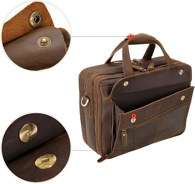 Polare Modern Attaché Style 15.7" Full Grain Italian Leather Laptop Business Briefcase for Men