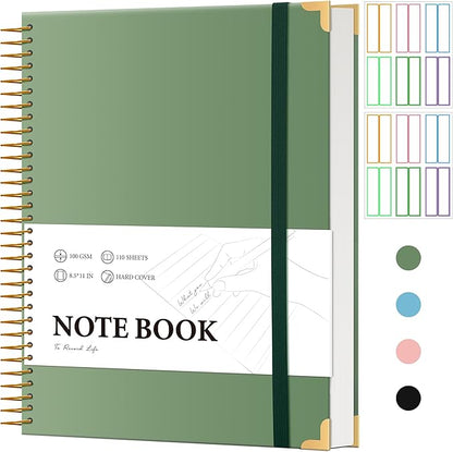 FLYING EAGLE Large Spiral Notebooks for Work School College Ruled Notebook 8.5 x 11 with Tab Stickers A4 Hardcover Journal Note Book for Women Men Writing Note Taking Supplies, 220 Pages, Green