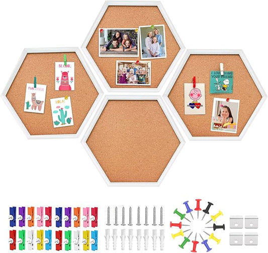 EVNEED 4 Pack Cork Bulletin Board Hexagon, Small Framed Corkboard Tiles for Wall, Thick Decorative Display Boards for Home School Office,School Message Board with 16 Push Pin Wood Clips,White