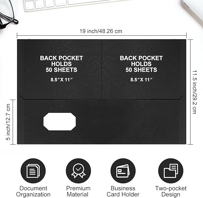 Harloon 75 Pack Two Pocket Portfolio Folders Bulk, 8.5 x 11 Inches Textured Paper with Business Card Slot Letter Size File Folders for Office School Classroom (Black)
