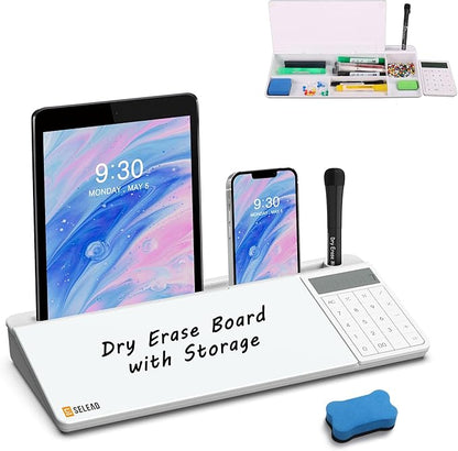 SELEAD Desktop Glass Whiteboard with Calculator, Organizer, Markers, Eraser, Holder - Small Dry Erase White Board Computer Pad Keyboard Stand for Home, School, Office Desk Cubicle Accessories