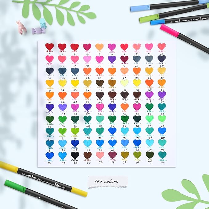 Ohuhu Markers for Adult Coloring Books: 100 Colors Brush Pens Dual Brush Fine Tip Drawing Pens Water-Based Coloring Markers for Calligraphy Bullet Journal with Carrying Case - Maui - Black