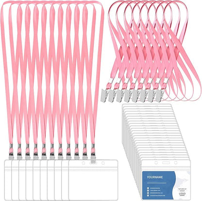 100 Pcs Lanyards for ID Badges and 100 Pcs Clear Name Tag Holders Reusable Lanyard with Clip Plastic ID Card Badge Holder Name Badges for Adults Kids Business School Office Supplies (Pink)