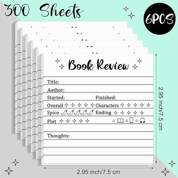 L1rabe Book Review Mini Sticky Notes - 6Pcs Self-Stick Note Pads Reading Journals for Book Lovers&Readers, 300 Sheets Small Notepads Bookish Bookworm Gifts, Back to School Review Tracker Reading Log
