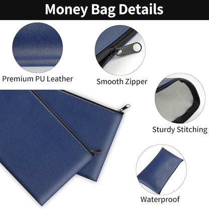 4 Pack Money Bags with Zipper, 11x6.1 Inch PU Leather Cash Pouch, Secure Bank Bag for Coins, Bills, Checks, Invoices, Cosmetics, Tools (Blue)