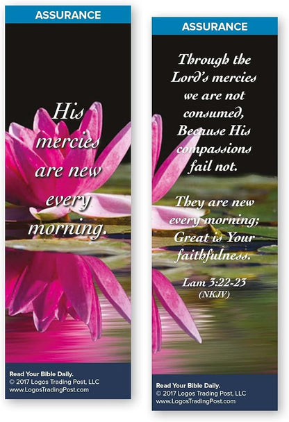 Christian Bookmark with Bible Verse, Pack of 25, Assurance Themed, His Mercies Are New Every Morning, Lamentations 3:22-23