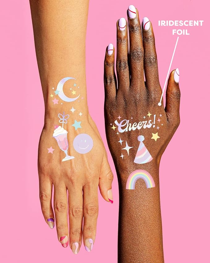 xo, Fetti Pastel Rainbow Temporary Tattoos - 50 Iridescent Foil Styles | Preppy Birthday Party Supplies, Smiley Party Favors, Party Vibes Only
