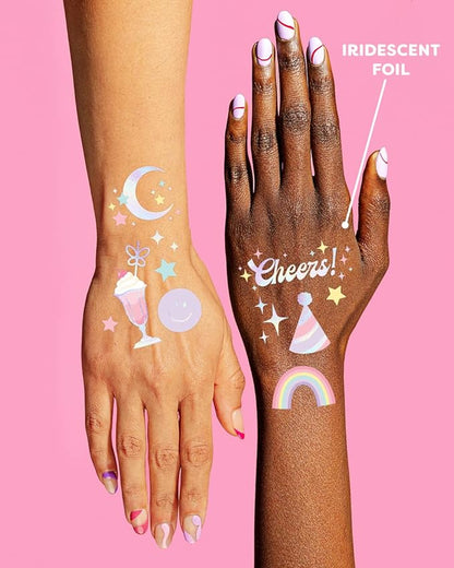 xo, Fetti Pastel Rainbow Temporary Tattoos - 50 Iridescent Foil Styles | Preppy Birthday Party Supplies, Smiley Party Favors, Party Vibes Only