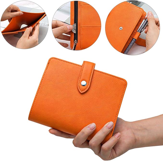 Mogoostry A7 Binder Cover Savings Binder Wallet Leather Binder Folder 6-Ring Refillable Notebook Binder Planner Cover Hardcover Budget Binder Organizer (Orange)