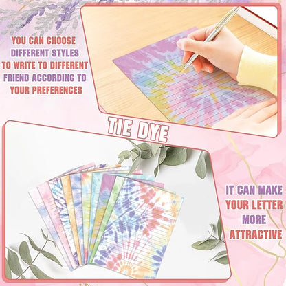 TaoBary 160 Packs Stationery Paper Set (50 Double Sided Stationery Writing Papers 50 Matching Envelopes) 60 Round Dot Sticker, 10 Design(Tie Dye,5.5 x 8.25 Inch)
