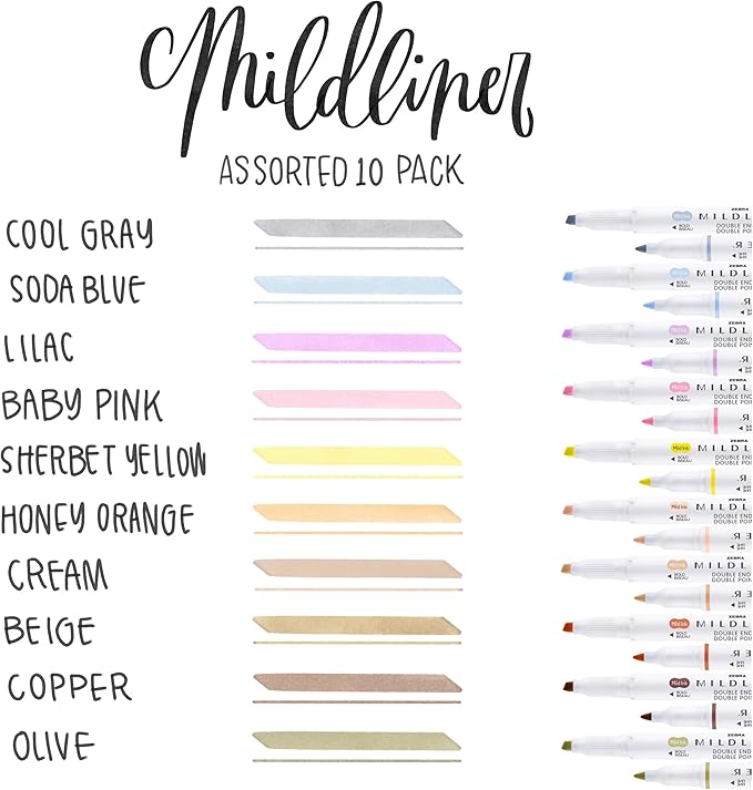 Zebra Pen Mildliner Double-Ended Highlighter Set, Chisel and Bullet Point Tips, No Bleed Bible Assorted Neutral and Gentle Ink Colors, 10-Pack, Model Number: 78701
