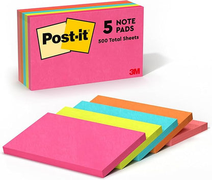 Post-it Notes, 3 in x 5 in, 5 Sticky Notes Pads, 100 Sheets per Pad, Poptimistic Collection, School Supplies and Oﬃce Products, The Original Post-it Note