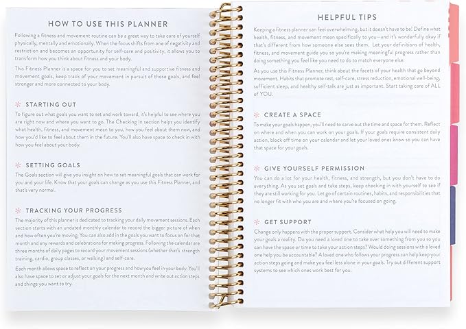 A5 Spiral Bound Fitness Planner – Metallic Gold Rise - 5 Tabs with 160 Pages for Exercise Planning with Intro, Goal Setting, Movement, Progress Check-Ins, Notes & more - Erin Condren
