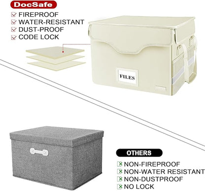 DocSafe File Box Fireproof Document Box with Lock, File Storage Organizer Box with Pockets,Collapsible Portable File Box Home Office File Cabinet with Handle for Hanging Letter/Legal Folder,Beige
