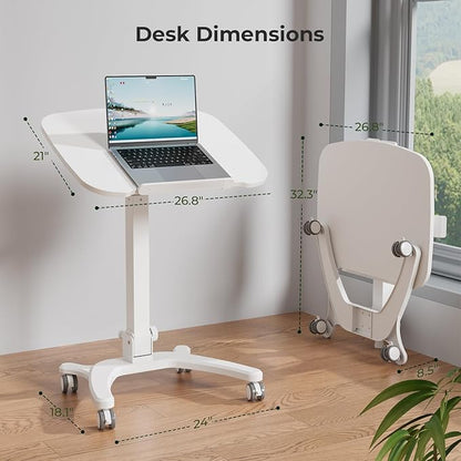 Foldable Mobile Standing Desk, 27"×21" Portable Rolling Laptop Desk with 90° Tiltable Board, Height Adjustable Mobile Desk Workstation with Wheels, Folding Desk for Home Office, White