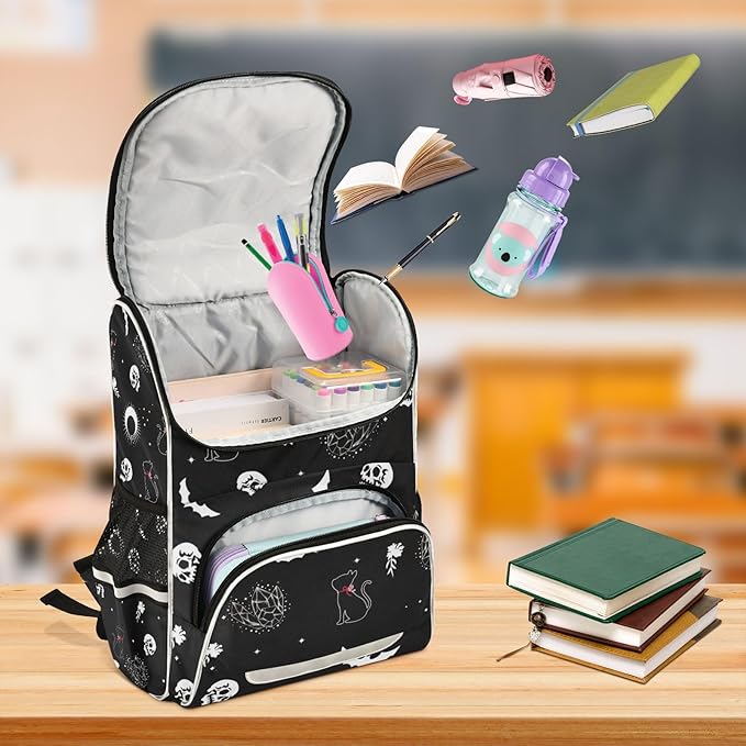 Goth Skull Cat Backpack with Reflective Strip for Kids Boys Girls Elementary School Bag Removable Chest Strap