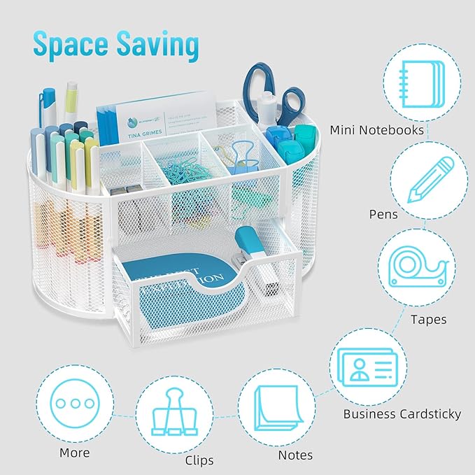 SUPEASY Mesh Desk Organizer, Desk Accessories & Workspace Organizers with Drawers, Pencil Holder for Desk with 9 Compartments for Office Suppliess, 8.6 x 4.3 x 4.1 Inch, White