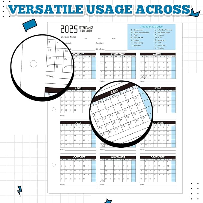 Gueevin 50 Sheets 2025 Attendance Calendar 8.5x11 Inch Attendance Calendar Cards Work Employee Tracker for 3 Hole Binder Folders Time Cards for Employee Office Manager Hr Record(Blue)