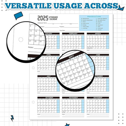 Gueevin 50 Sheets 2025 Attendance Calendar 8.5x11 Inch Attendance Calendar Cards Work Employee Tracker for 3 Hole Binder Folders Time Cards for Employee Office Manager Hr Record(Blue)