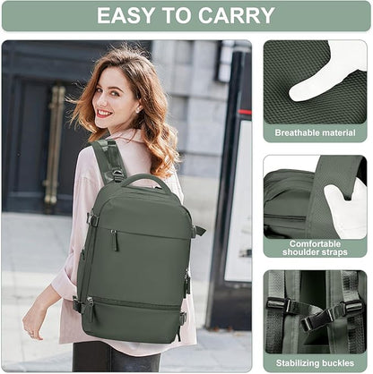 Travel Backpack Simple Durable Carry On Backpack with Shoe Compartment, Personal Item Travel Bag Flight Approved, Water Resistant Laptop Backpack for Women Men Weekender Business, Sage Green