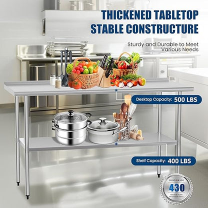 Stainless Steel Table 24 x 60 Inches Metal Prep Table with Backsplash & Adjustable Undershelf for Commercial Kitchen, Outdoor, Restaurant, Hotel & Garage