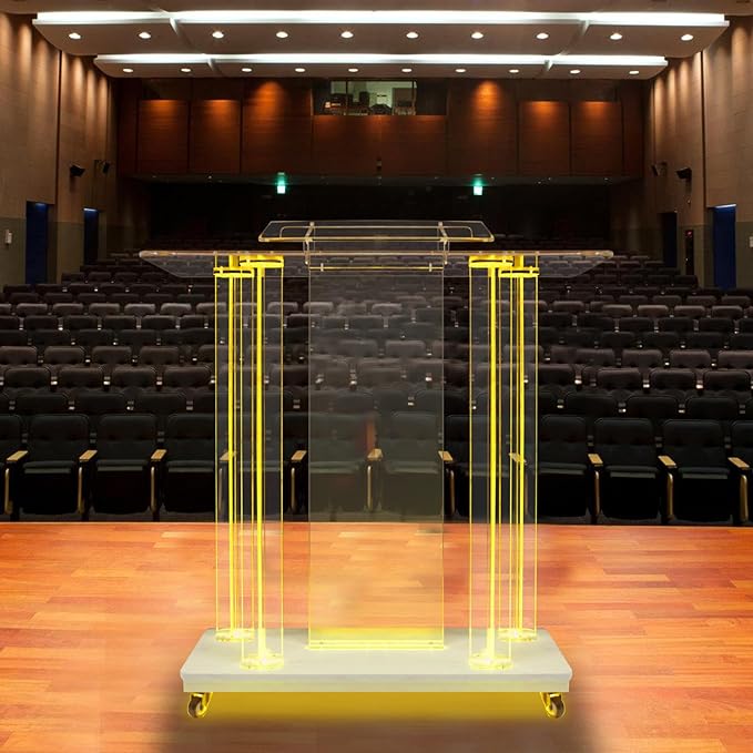 Acrylic Pulpits for Church with LED Lights 46" Tall Podium Stand with Wheels and Reading Platform, Clear Lectern for Speech, Classroom, Churches, Lecturn