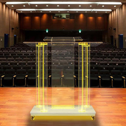 Acrylic Pulpits for Church with LED Lights 46" Tall Podium Stand with Wheels and Reading Platform, Clear Lectern for Speech, Classroom, Churches, Lecturn