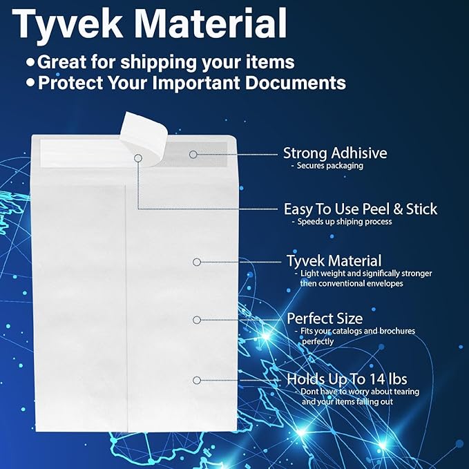 10x13 Envelopes, Tyvek Envelopes, Mailing Envelopes 10x13, Catalog Envelopes, Self Sealing Closure, Tyvek Material, 14 lb., Puncture, Tear & Moisture Resistant, Bulk (100 Pack)