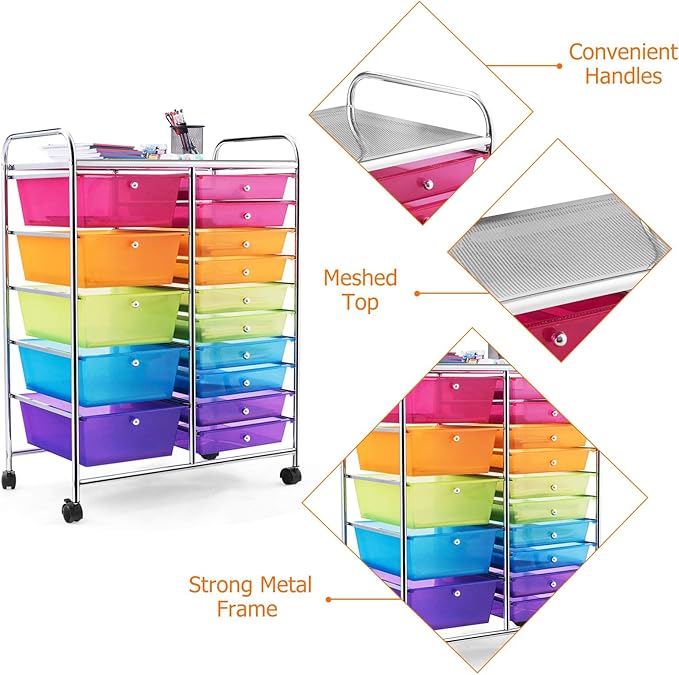Giantex 15-Drawers Rolling Storage Cart, Mobile Book Paper Organizer Utility Trolley with Wheels, Ideal for School, Office, Home (Rainbow)
