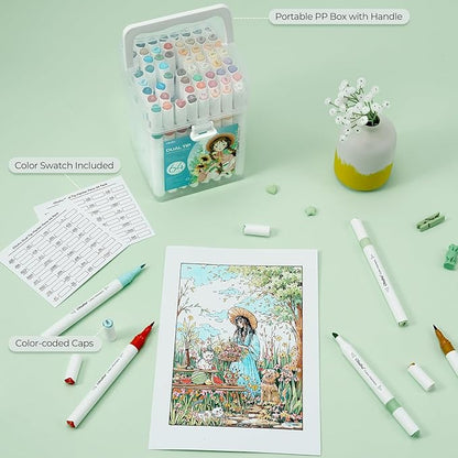 Ohuhu Markers for Adult Coloring Books No bleeding 64 Colors Water-based Coloring Markers Dual Tips Chisel & Brush Drawing Pens Art Markers for Kids Adults Beginners Lettering Journaling