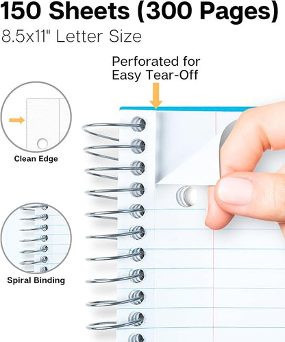 Dunwell 3 Subject Notebook College Ruled (Blue), 150 Sheets (300 Pages), Spiral Notebook 8.5 x 11, Plastic Cover, 3 Pocket Divider Folders, 3-Hole Punched Perforated Paper