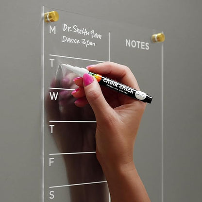 Magnetic Acrylic Weekly Calendar for Fridge, Weekly Meal Planner with Notes, Includes 4 Magnetic Wet-Erase Markers for Refrigerator, 9" X 12" | Black Hardware