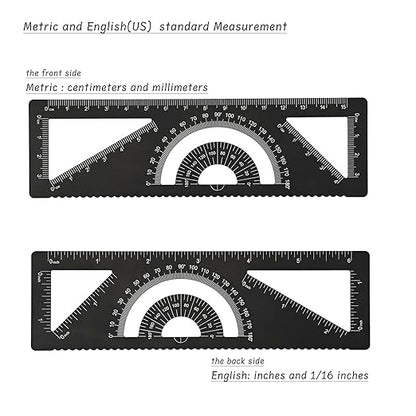 4-in-1 Geometry Set, Metal Math Ruler Kit- Aluminium Protractor, 2 Precision Triangles, Straight Edge Rule - Multifunctional Drafting& Measuring Small Ruler for Kids School - 6 inch, Black