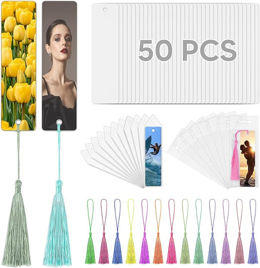 50 Sets Sublimation Blank Bookmarks Double Sided with Colorful Sleeves Tassels,Clear Bookmark and Self-Sealing Bags,Heat Transfer Metal Aluminum DIY Bookmark with Hole