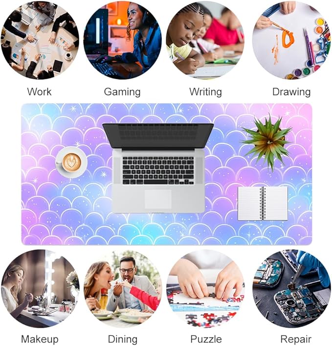 QIYI Multifunctional Office Desk Pad, Water-Resistant PU Leather Mouse Pad, Home Décor Large Desk Organizer Mat, Non Slip Base Writing Pads for Home & Office 31.5" x 15.7" - Mermaid Scales