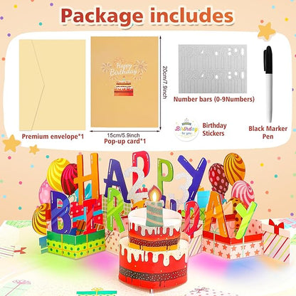 Customizable Age 3D Birthday Card – LED Light, Blowable Candle & Music Pop-Up Greeting Card for Women, Men (1-100 Years) Chocolate