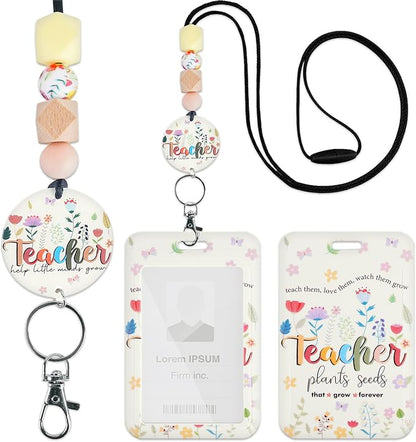 Teacher Lanyard with ID Holder, Floral Flowers Inspirational Quotes Cute Badge Holder with Beaded Adjustable Lanyard, Teacher Gifts for Women