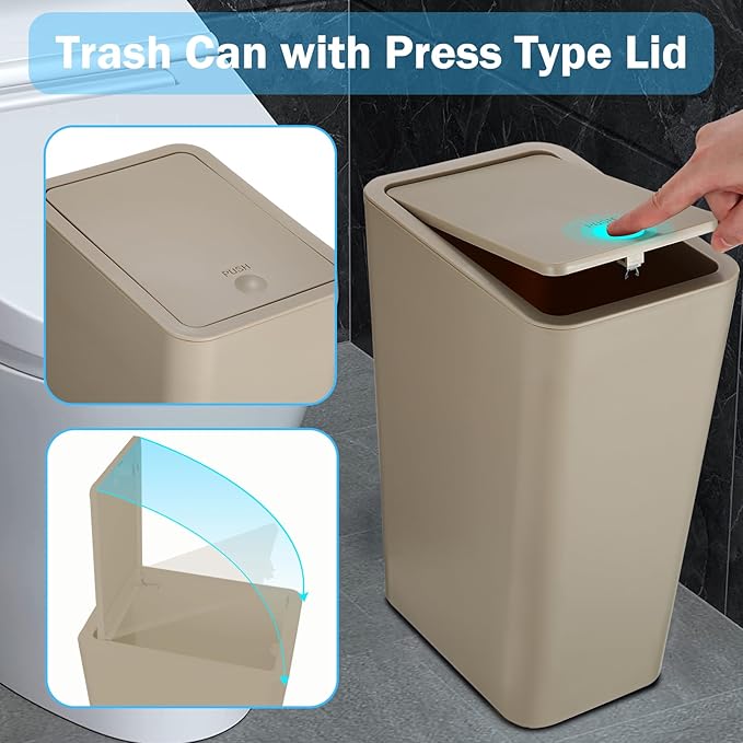 SHPMXUPW 3 Pack Bathroom Small Trash Can with Lid,10L / 2.6 Gallon Slim Garbage Bin Wastebasket with Pop-Up Lid for Bedroom, Office, Kitchen, Craft Room, Fits Under Desk/Cabinet/Sink