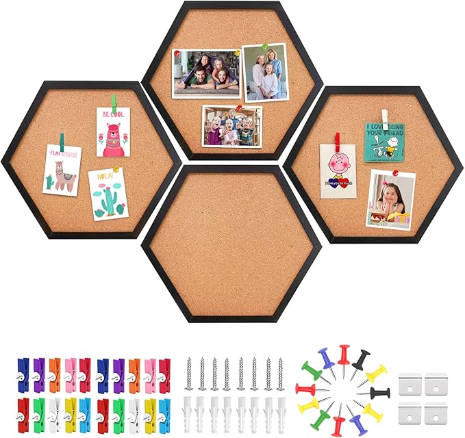 EVNEED 4 Pack Cork Bulletin Board Hexagon, Small Framed Corkboard Tiles for Wall, Thick Decorative Display Boards for Home School Office Decor, Hex Cork Board with 16 Push Pin Wood Clips,Black
