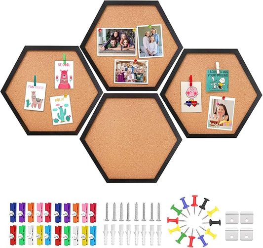 EVNEED 4 Pack Cork Bulletin Board Hexagon, Small Framed Corkboard Tiles for Wall, Thick Decorative Display Boards for Home School Office Decor, Hex Cork Board with 16 Push Pin Wood Clips,Black