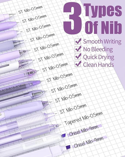 Four Candies 14Pack Pastel Gel Ink Pen Set,Cute Retractable 0.5mm Fine Point Pen,Note Taking Aesthetic Pens,12 Pack Black Ink Pens with 2Pcs Highlighter, Smooth Writing Pens for School, Office(Purple)