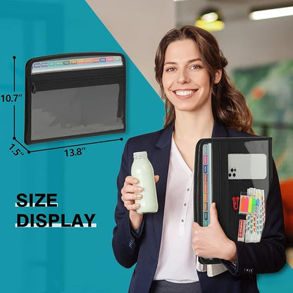 H4D 13 Pocket Expanding File Folder Organizer with Front Clear Pounch, Accordion File Organizer with Zipper Clourse, Fit for Letter Size Papers, Black