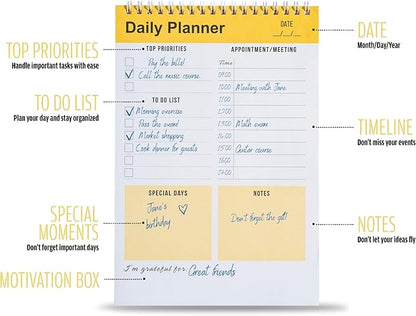 Daily Planner Notebook, To Do List Notepad, Spiral Notebook, Undated-52 Sheets-6.5" x 9.8" Checklist, Notebooks for Work, Personal Organizer Notepad, Daily Task Notebook (Yellow)