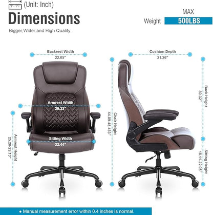 Flysky Executive Ergonomic Office Chair - Big and Tall Office Chair for Heavy People, PU Leather Computer Desk Chair with Flip-up Armrest, Comfortable Wide High Back PC Work Chair