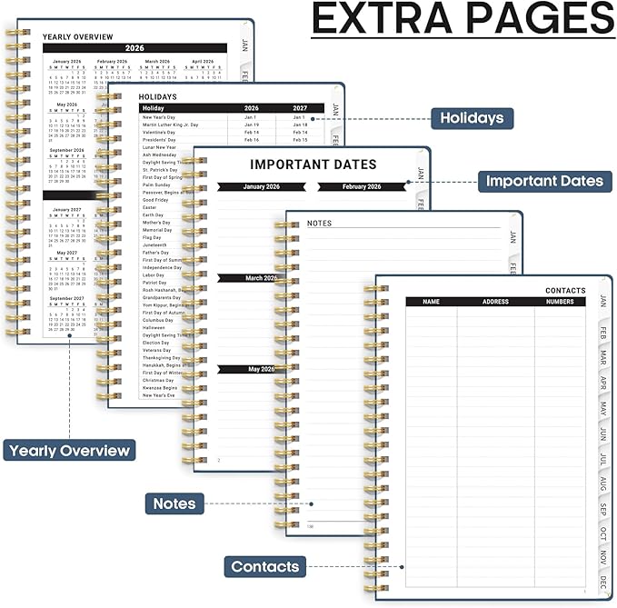 2026 Planner, Weekly and Monthly Calendar Planner, January 2026 - December 2026, Hardcover 2026 Calendar Planner Book with Tabs For Women & Men, Inner Pocket, Spiral Bound, Perfect for Office Home School Supplies - A4 (8.5" x 11"), Navy