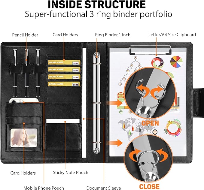 Toplive Padfolio Folder 3 Ring Binder PU Leather Portfolio, Business Interview Resume Portfolio A4/ Letter Size Document Organizer with Clipboard for Women Men, Black